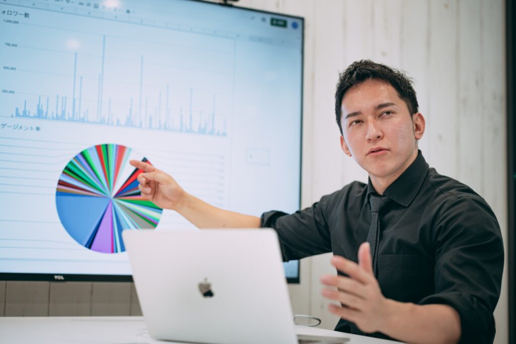 デキる社長がプレゼンをしている画像